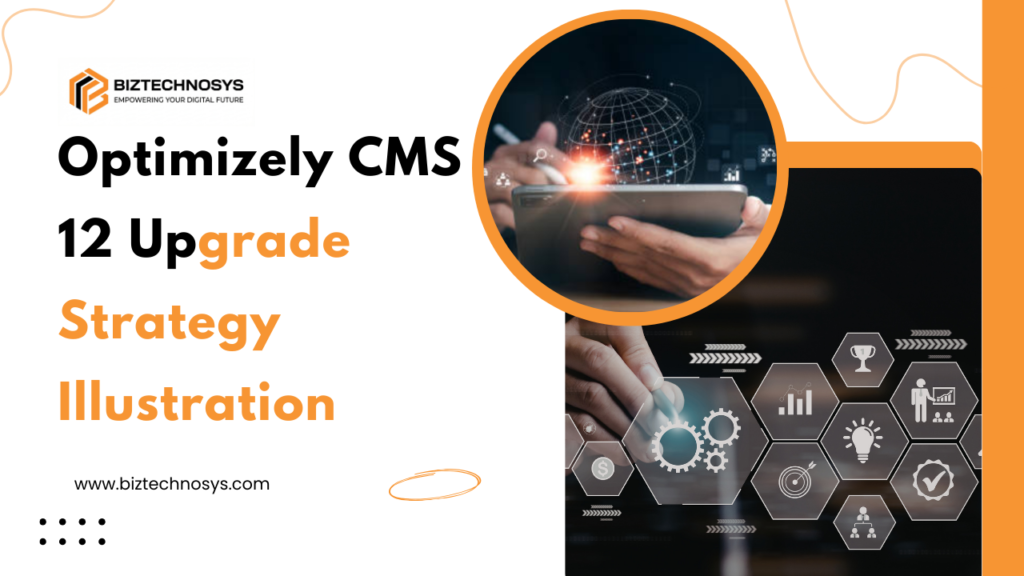 Optimizely CMS 12 upgrade illustration with cloud and analytics dashboard.