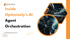 AI-powered dashboard and digital network visual representing Optimizely agent orchestration.