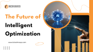 AI-powered intelligent optimization concept with digital AI sphere and rising analytics bar chart