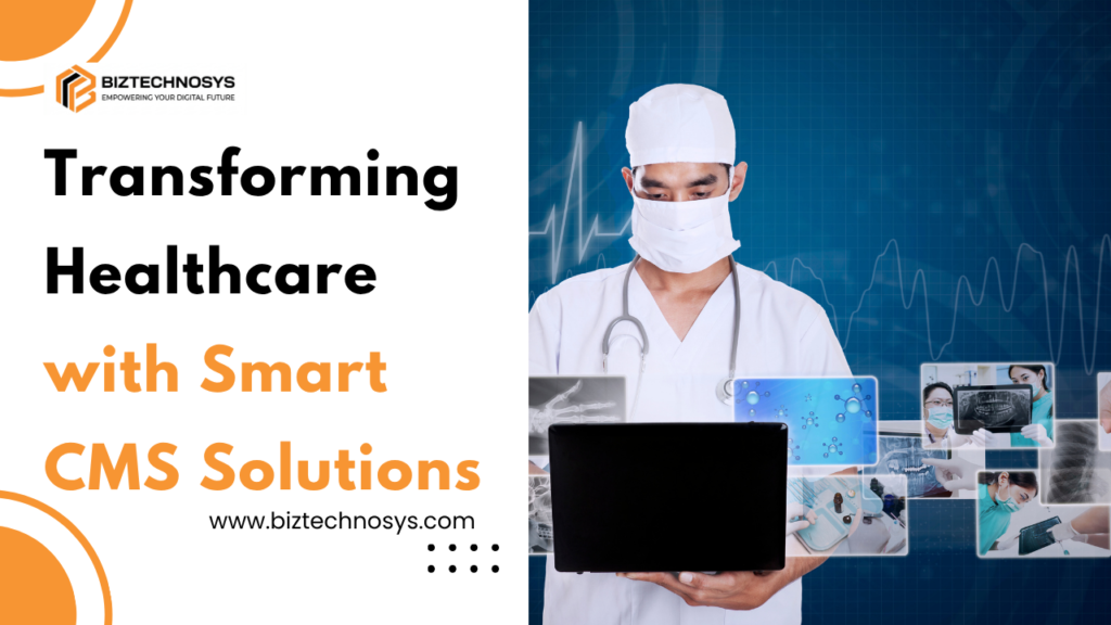 Doctor using a laptop with digital healthcare visuals and smart CMS solutions.