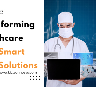 Doctor using a laptop with digital healthcare visuals and smart CMS solutions.