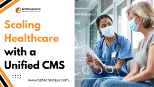 Healthcare professional speaking with a patient using a unified healthcare CMS.