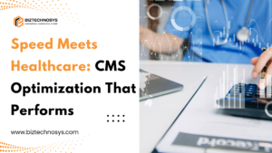 Healthcare CMS optimization with website speed and analytics visuals.