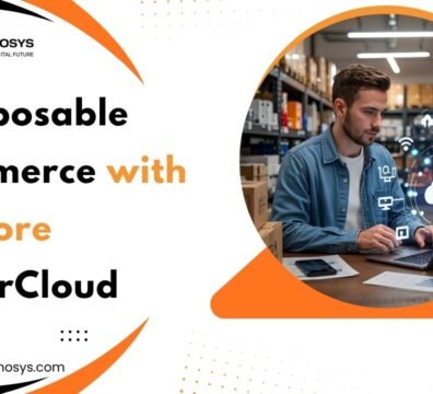 Person working on laptop with digital commerce icons.